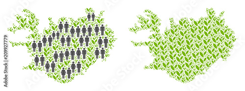 People population and floral Iceland map. Vector collage of Iceland map composed of random person and flora items in various sizes. Abstract social plan of nation mass cartography.
