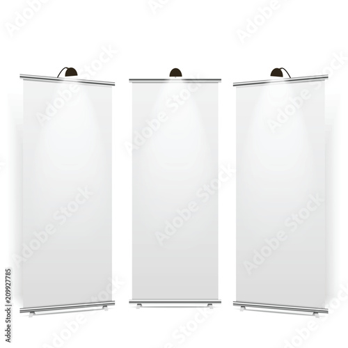 Blank roll-up banner display, isolated with clipping path. Vector.