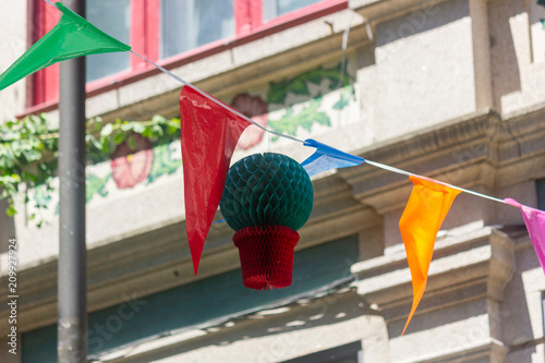 Bunting, street decorations for St. John's Eve (festa de Sao Joao do Porto) in Porto, Portugal. Midsummer.