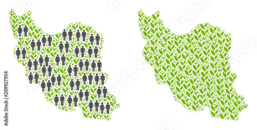 People population and flora plants Iran map. Vector mosaic of Iran map done of random lady and gentleman and plantation elements in different sizes.