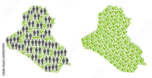 People population and environment Iraq map. Vector collage of Iraq map created of randomized man and woman and plant elements in different sizes. Abstract social plan of national mass cartography.