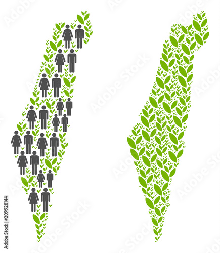 People population and green plants Israel map. Vector composition of Israel map created of randomized man and woman and blossom elements in variable sizes.