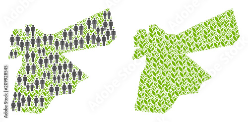 People population and green plants Jordan map. Vector mosaic of Jordan map done of randomized man and woman and blossom items in different sizes.