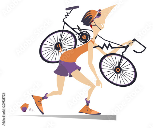 Tired cyclist with a broken bike isolated illustration. Tired cartoon cyclist man in helmet carries a broken bike on the shoulder isolated on white illustration
