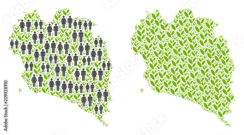 People population and ecology Koh Phangan Thai Island map. Vector composition of Koh Phangan Thai Island map done of random family and blossom elements in various sizes.