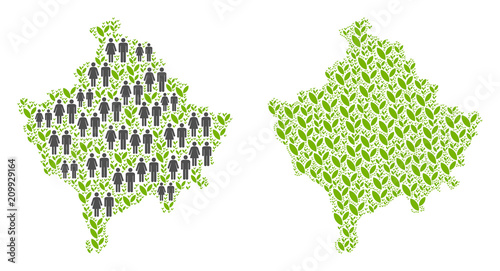 People population and green plants Kosovo map. Vector collage of Kosovo map created of scattered men and woman and plantation items in different sizes.
