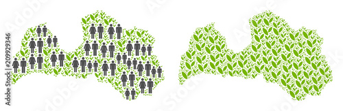 People population and floral Latvia map. Vector composition of Latvia map combined of random person and plantation elements in different sizes. Abstract social scheme of national audience cartography.
