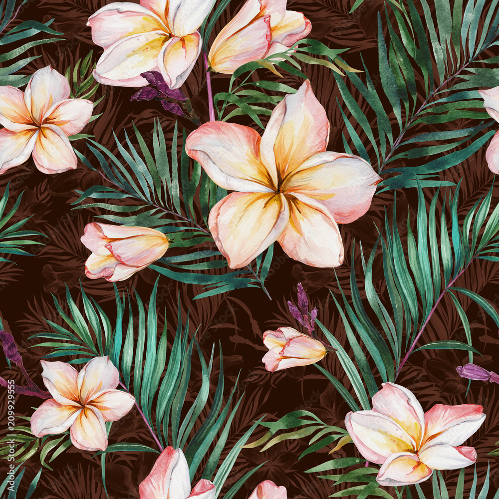 Beautiful plumeria flowers and exotic palm leaves in seamless tropical pattern. Watercolor painting. Hand drawn and painted floral illustration. Beautiful plumeria flowers and exotic palm leaves in seamless tropical pattern. Watercolor painting. Hand drawn and painted floral illustration.