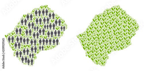 People population and green plants Lesotho map. Vector concept of Lesotho map made of scattered male and female and agriculture items in different sizes.