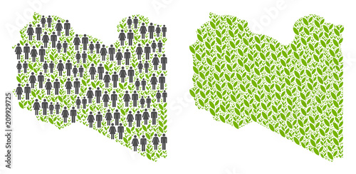 People population and ecology Libya map. Vector concept of Libya map created of random men and woman and flora items in different sizes. Abstract social visualization of nation public cartography.