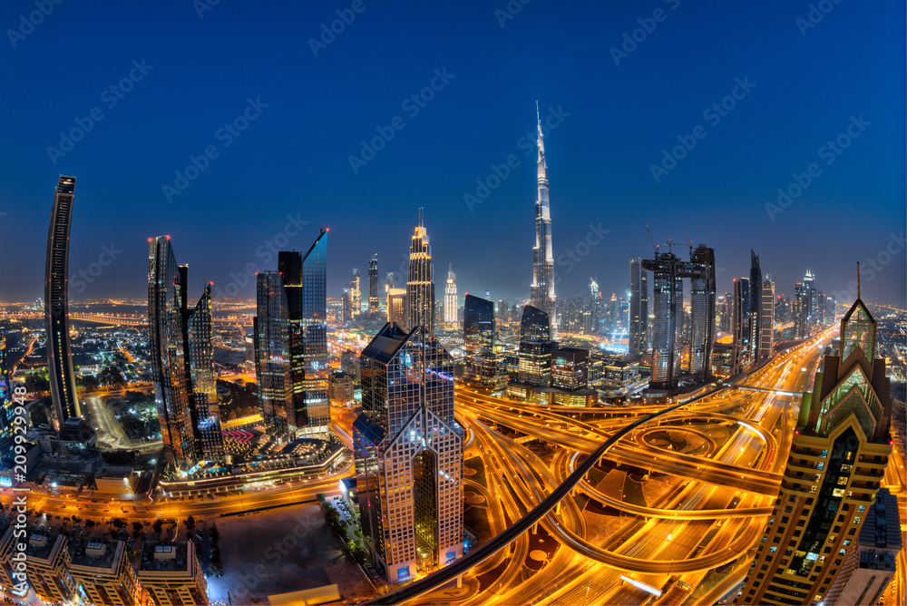 Fototapeta premium Dubai skyline during sunrise, United Arab Emirates.
