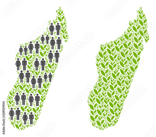 People population and flora Madagascar Island map. Vector abstraction of Madagascar Island map formed of randomized human and agriculture items in variable sizes.