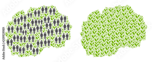 People population and eco Makedonia map. Vector concept of Makedonia map composed of randomized human and plant items in different sizes. Abstract social plan of nation public cartography.