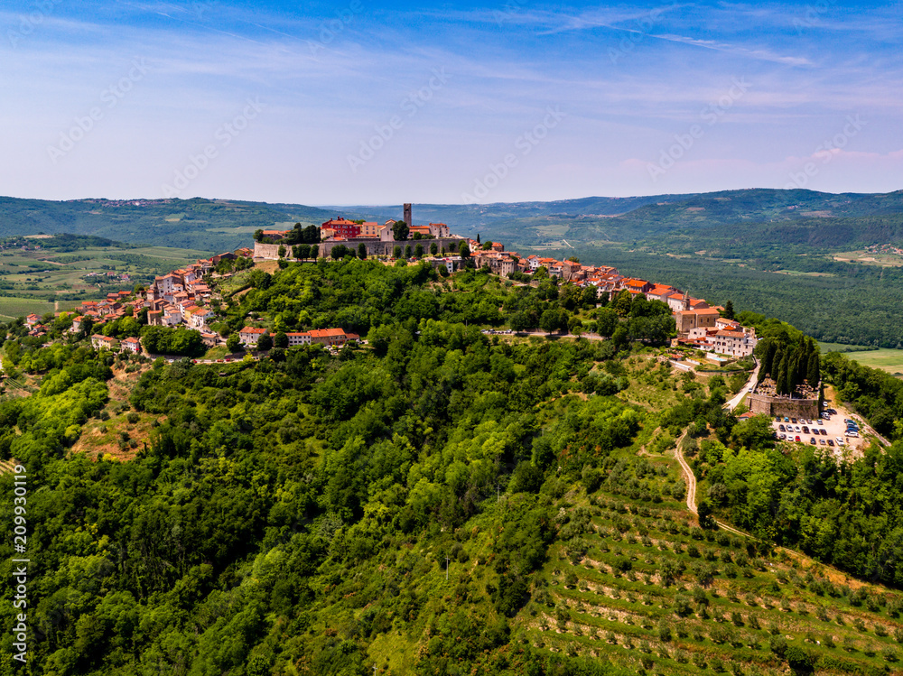 Motovun village in central Istria, Croatia, aerial shot with drone