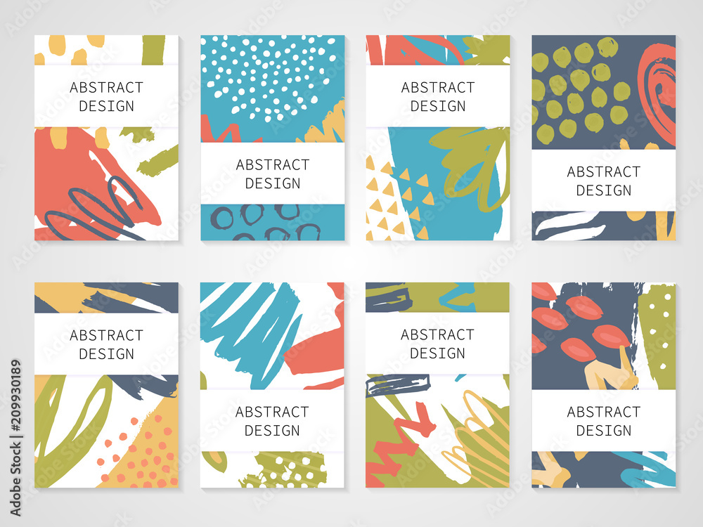Abstract colorful backgrounds set. Hand drawn templates for card, flyer and invitation design. Vector illustration.