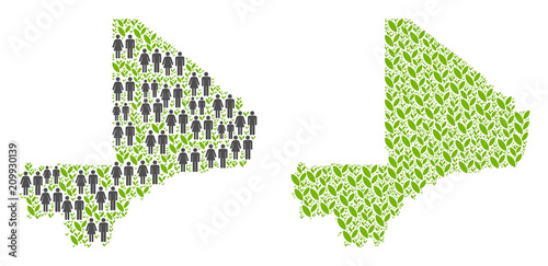 People population and flora plants Mali map. Vector abstraction of Mali map created of random crowd and flora elements in variable sizes.