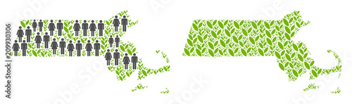 People population and floral Massachusetts State map. Vector abstraction of Massachusetts State map formed of random male and female and blossom items in various sizes.