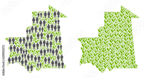 People population and flora Mauritania map. Vector concept of Mauritania map done of scattered family and agriculture elements in variable sizes. Abstract social plan of nation audience cartography.
