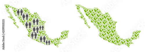 People population and flora plants Mexico map. Vector concept of Mexico map created of random human and grass items in different sizes. Abstract social visualization of national community cartography.