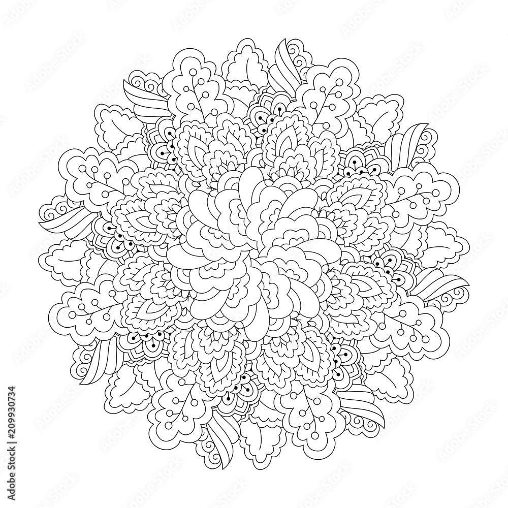 Fototapeta premium Round element for coloring book. Black and white floral pattern. Manda