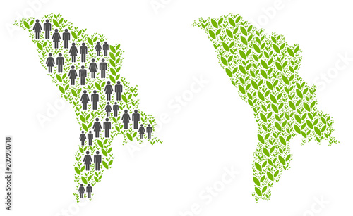 People population and environment Moldova map. Vector pattern of Moldova map designed of scattered crowd and plantation elements in different sizes.