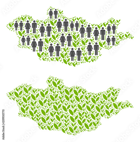 People population and floral Mongolia map. Vector collage of Mongolia map created of randomized gender and plant elements in different sizes.