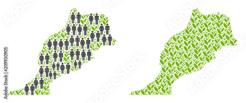 People population and flora plants Morocco map. Vector composition of Morocco map formed of scattered people couple and grass elements in various sizes.