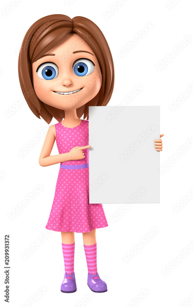 3d rendering. Cheerful girl in pink dress points a finger at an empty board on a white background. 3d rendering. Cheerful girl in pink dress points a finger at an empty board on a white background.
