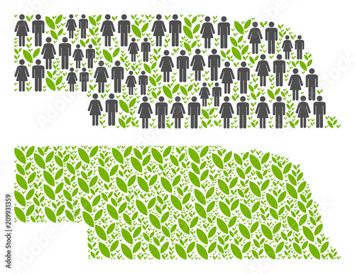 People population and floral Nebraska State map. Vector pattern of Nebraska State map designed of scattered men and woman and agriculture elements in different sizes.