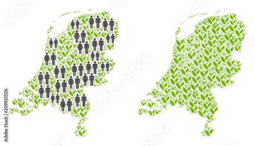 People population and ecology Netherlands map. Vector composition of Netherlands map designed of random lady and gentleman and sprout elements in various sizes.