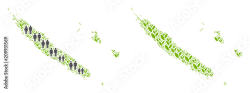 People population and environment New Caledonia Islands map. Vector concept of New Caledonia Islands map composed of random person and blossom elements in various sizes.