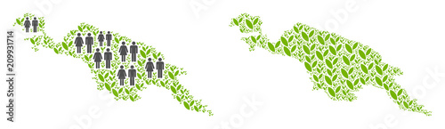 People population and floral New Guinea Island map. Vector pattern of New Guinea Island map created of scattered crowd and grass items in variable sizes.