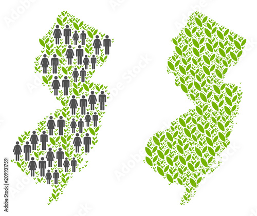 People population and grass New Jersey State map. Vector pattern of New Jersey State map made of random male and female and grass elements in various sizes.