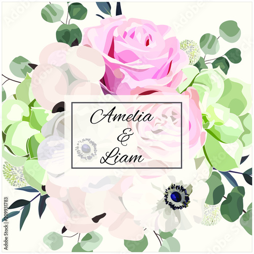 Floral wedding invitation card with rose,cotton,succulent,eucalypyus leaves in watercolor style. Botanical template with flowers for invite, greeting and covers, poligraphy
