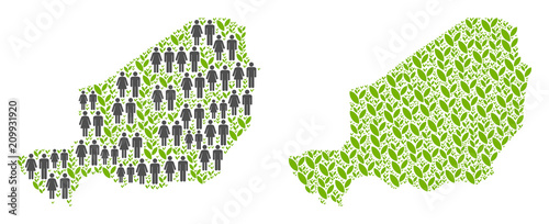People population and flora plants Niger map. Vector mosaic of Niger map created of random people and grass elements in variable sizes. Abstract social plan of nation audience cartography.