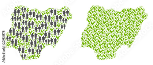 People population and environment Nigeria map. Vector abstraction of Nigeria map created of randomized people couple and flora elements in variable sizes.