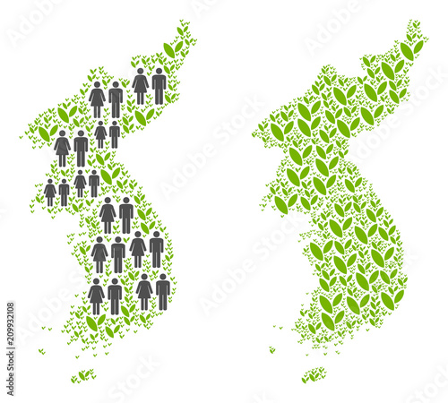 People population and grass North and South Korea map. Vector pattern of North and South Korea map done of scattered man and woman and blossom items in variable sizes.