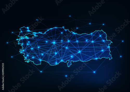Turkey map outline with stars and lines abstract framework.