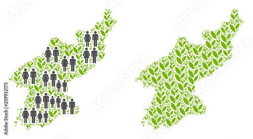 People population and flora North Korea map. Vector collage of North Korea map combined of random men and woman and blossom items in variable sizes. Abstract social plan of nation mass cartography.