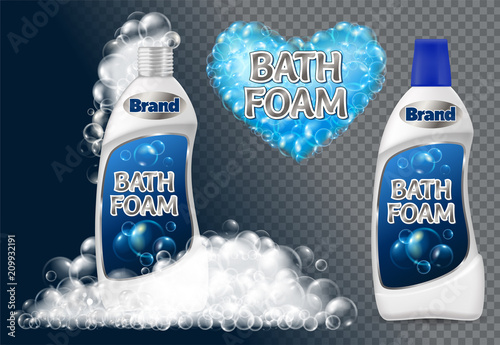 Set realistic bottle of  bath foam with transparent  soap bubbles with rainbow reflection. Isolated 3d vector illustration.