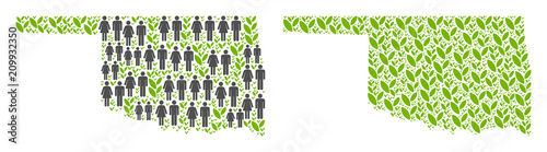 People population and environment Oklahoma State map. Vector collage of Oklahoma State map combined of randomized crowd and agriculture items in variable sizes.