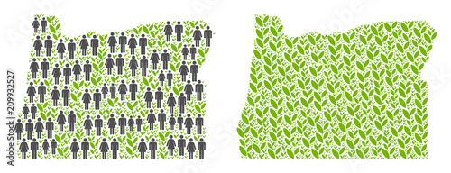 People population and flora Oregon State map. Vector mosaic of Oregon State map composed of random people couple and plant elements in variable sizes.