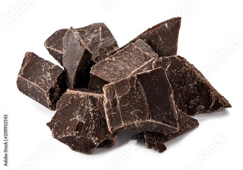 Pieces of black chocolate isolated on white background. Clipping path