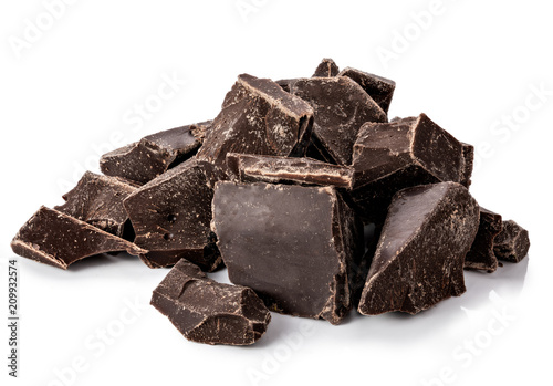 Pieces of black chocolate isolated on white background. Clipping path