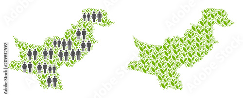 People population and ecology Pakistan map. Vector concept of Pakistan map formed of random crowd and sprout elements in various sizes. Abstract social plan of national community cartography.