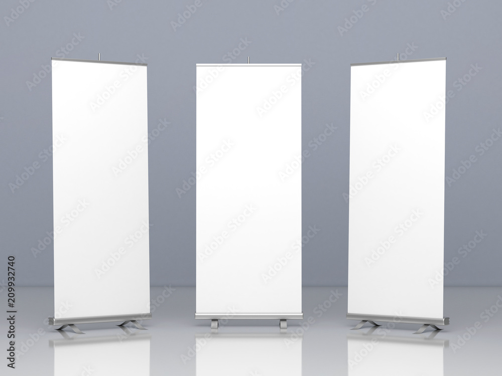 Bundle roll up promo stand mockup 3d rendering Bundle roll up promo stand mockup 3d rendering