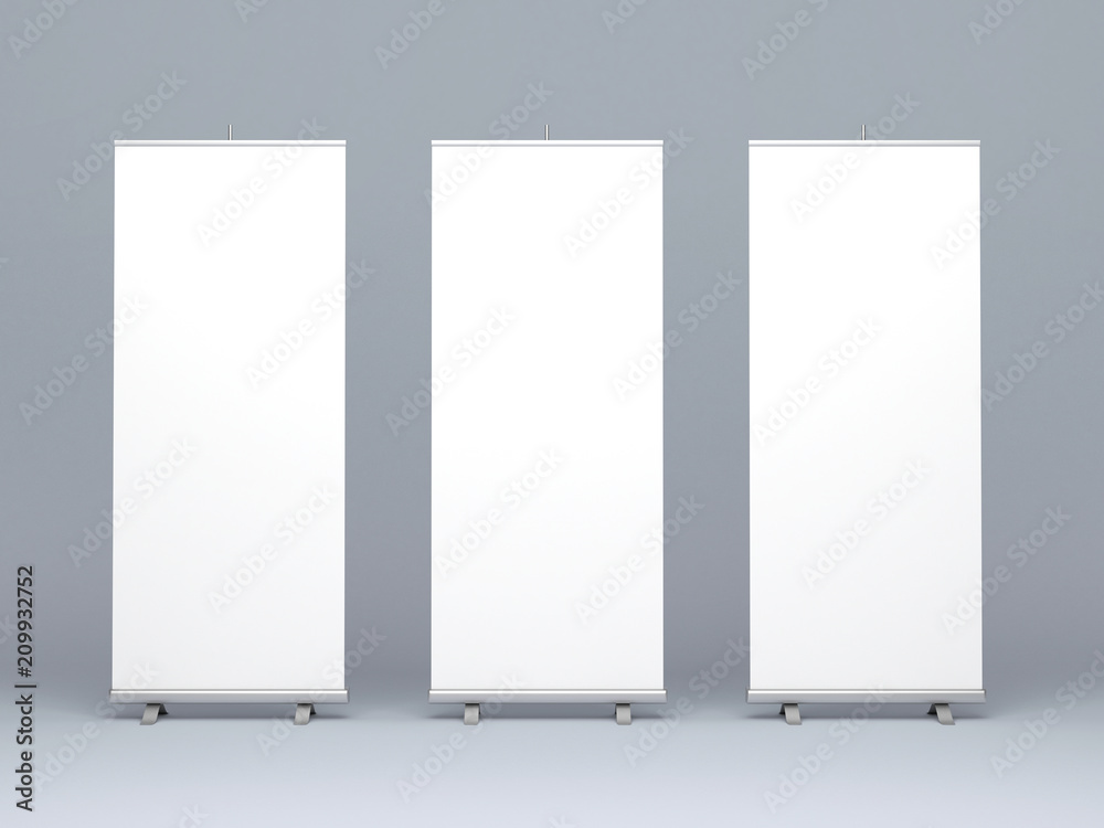 Bundle roll up promo stand mockup 3d rendering Bundle roll up promo stand mockup 3d rendering