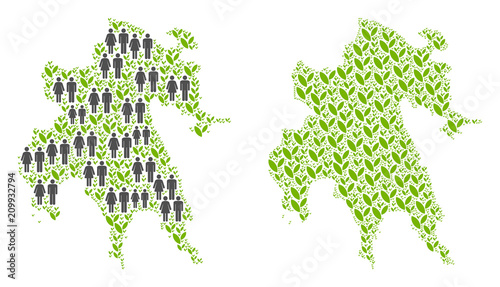 People population and ecology Peloponnese Peninsula map. Vector abstraction of Peloponnese Peninsula map done of randomized people couple and plantation elements in variable sizes.