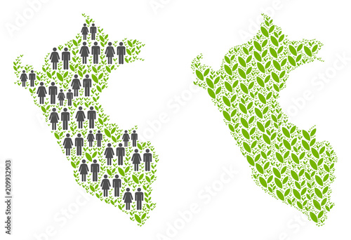 People population and eco Peru map. Vector concept of Peru map organized of randomized human and plantation items in different sizes. Abstract social representation of national public cartography.