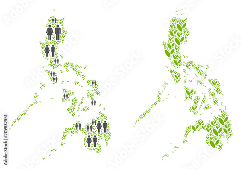 People population and eco Philippines map. Vector concept of Philippines map composed of scattered people couple and flora items in different sizes.